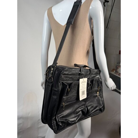 Monarch Black Leather Look Business Briefcase With Multiple Zippered Pockets & A - Picture 16 of 16